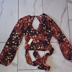 Anthropologie Floral Wrap Blouse in Burgundy, Black and Pink